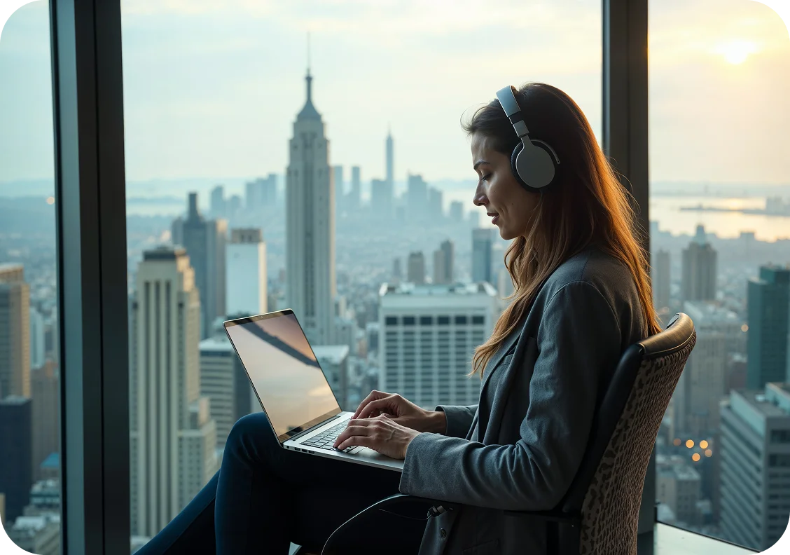 Professional working with city view